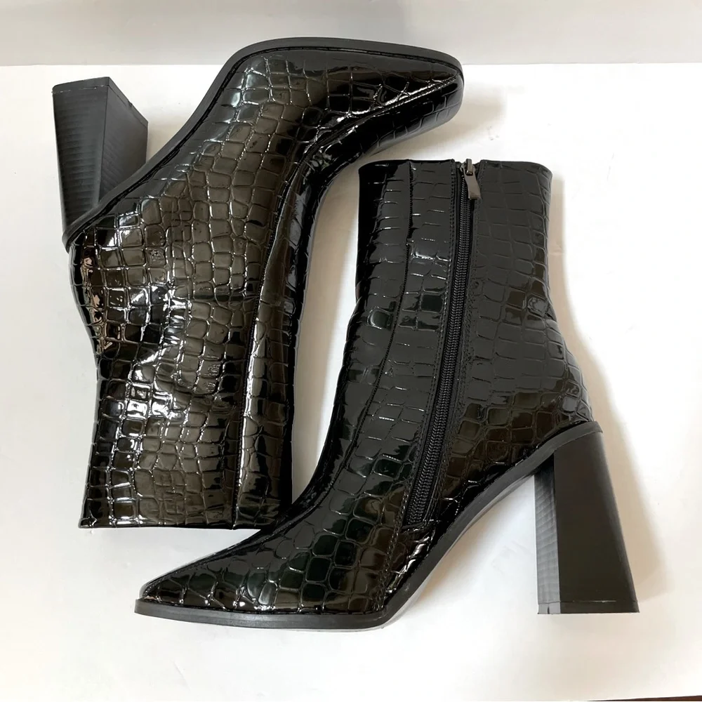 Nasty Gal Faux Leather Black Patent Croc Flared Heeled Ankle Boots Size 8